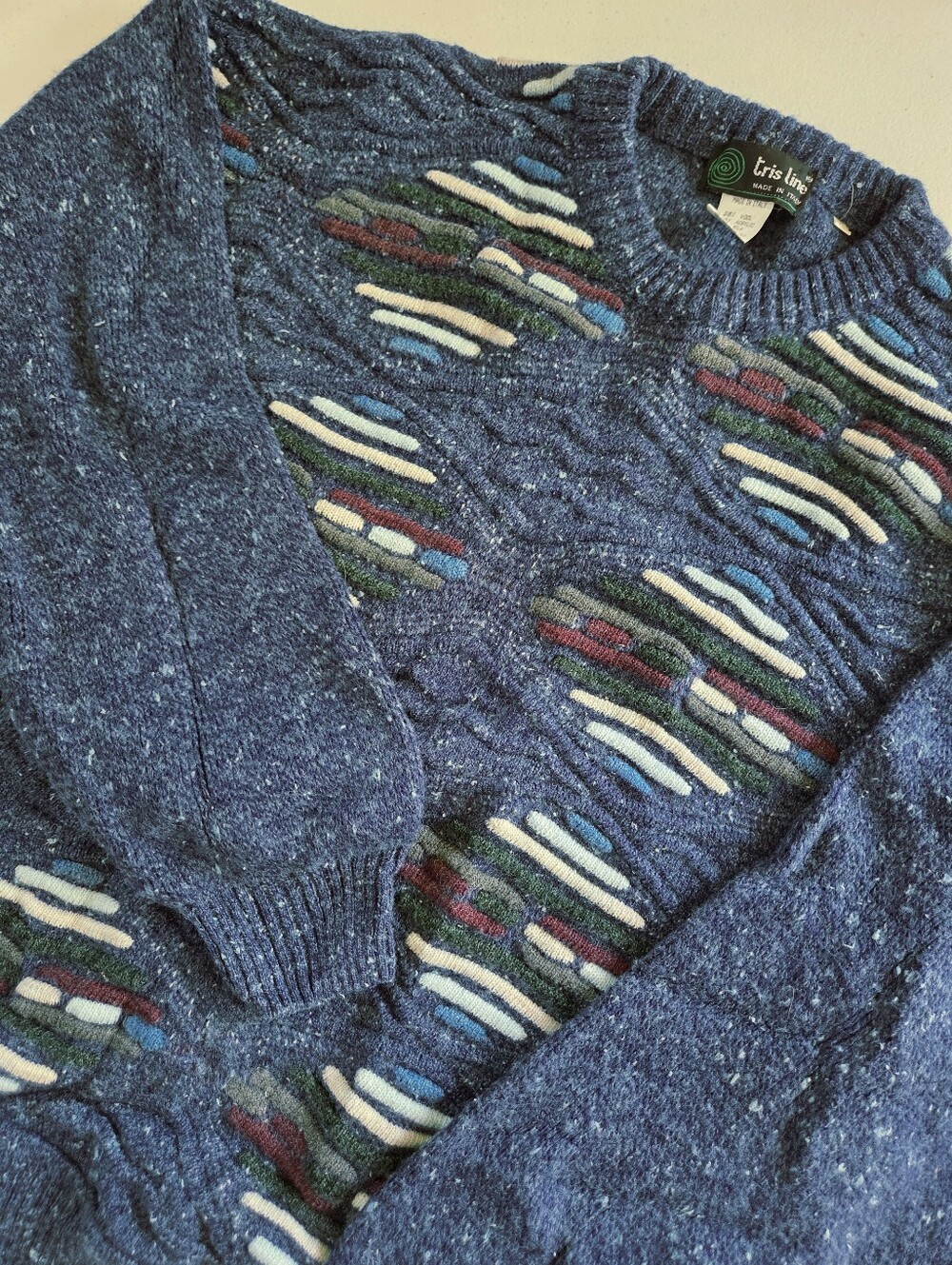 Vintage Tris Line Made in Italy Blue 3D Texture Cable Knit Coogi Style Sweater L
